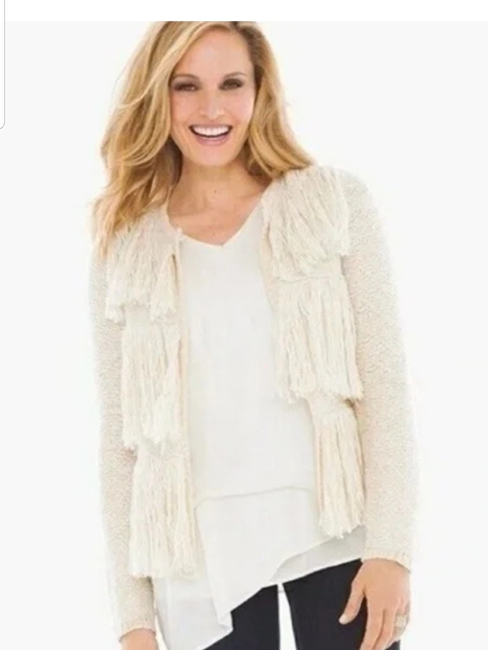 Chico's Ivory Sparkle Fringe Kyleigh Fringe Open-Front Boho Cardigan Size 0 XS/S